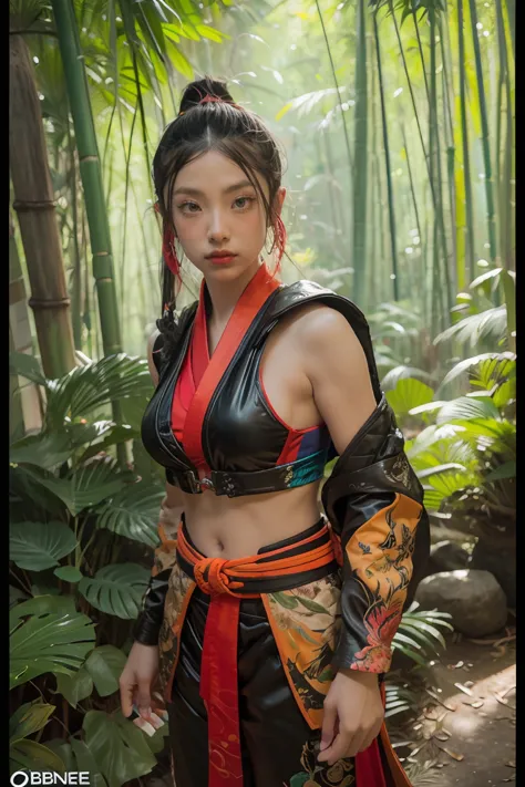 bamboo forest background，a look of determination，colorful vivid octane render, cybernetic and highly detailed, loba andrade from...