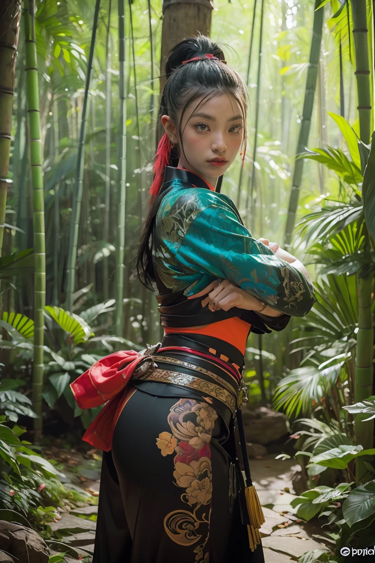 bamboo forest background，A look of determination，colorful vivid octane render, cybernetic and highly detailed, loba andrade from apex legends, created in unreal engine 5, made in unreal engine 5, trending on unreal engine 5, Antique portraits, Martial arts fantasy style 8k octane rendering, rendered in unreal 5, rendered in high octane