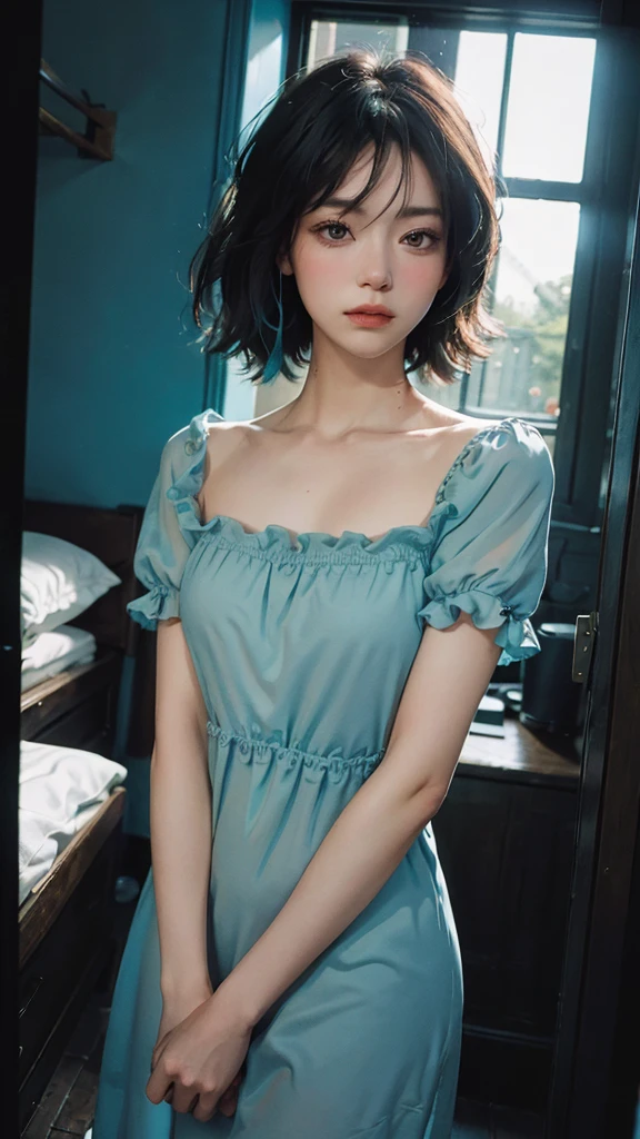 ((High quality, 8k, perfect quality, realistic)), beautiful, perfect face, gazing out the window, nighttime, ((dark room)), Before sleeping, restless, short nightgown, staring at the window, Dawn in the village view, hair color black and cyan, Early morning in the village