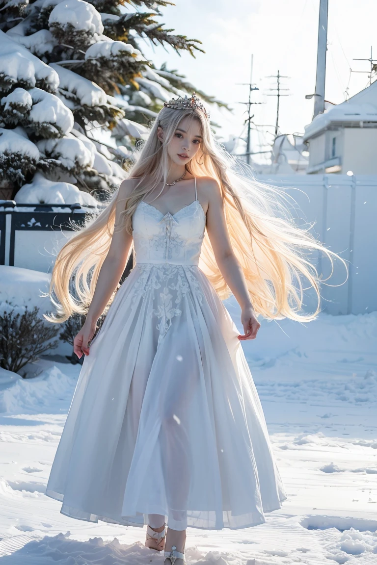 Chica anime con largo cabello blanco y un vestido azul en la nieve., deidad de pelo blanco, pelo blanco flotando en el aire, ilustración de fantasía de anime, pelo blanco que fluye, hermoso joven espíritu del viento, hermoso anime de fantasía, cabello suelto y brillante, anime etéreo, hermosas ilustraciones de anime, hermosa obra de arte digital, ilustraciones de fantasía de anime, ((una hermosa emperatriz de fantasía)), 2. 5 d cgi ilustraciones de fantasía de anime