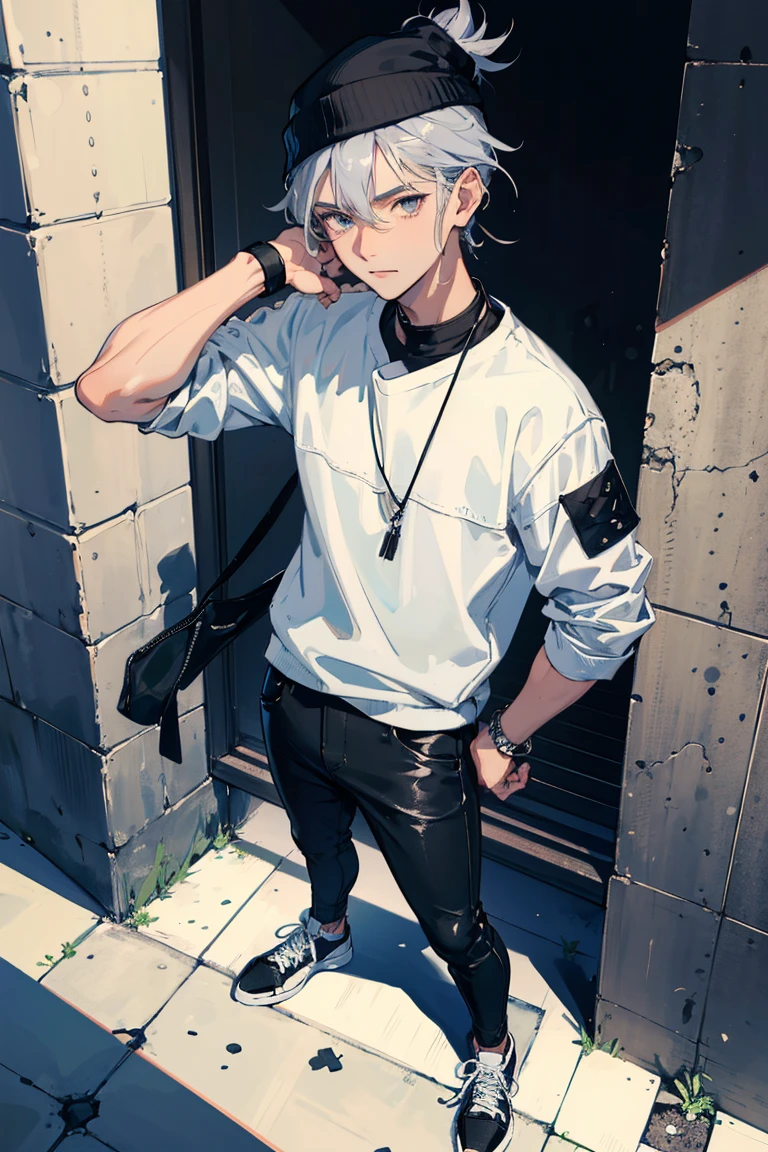 (1 boy), (silver hair), (beautiful almond-shaped gray eyes), cool, nine head proportions, standing, fitted white crew-neck t-shirt, (black leather biker jacket), blue skinny jeans, black high-top sneakers, a black beanie, silver aviator sunglasses, a leather bracelet, a black leather belt, an urban street background, looking at viewer, looking ahead, from above,  monochrome background,