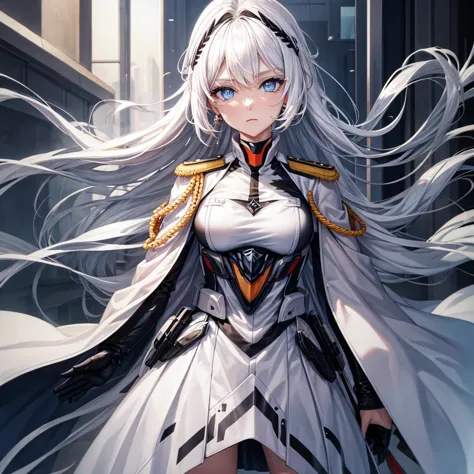 White hair, blue eyes, beautiful female, black military uniform