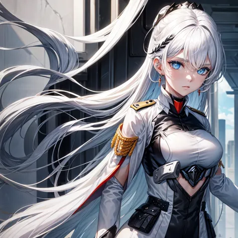 White hair, blue eyes, beautiful female, black military uniform