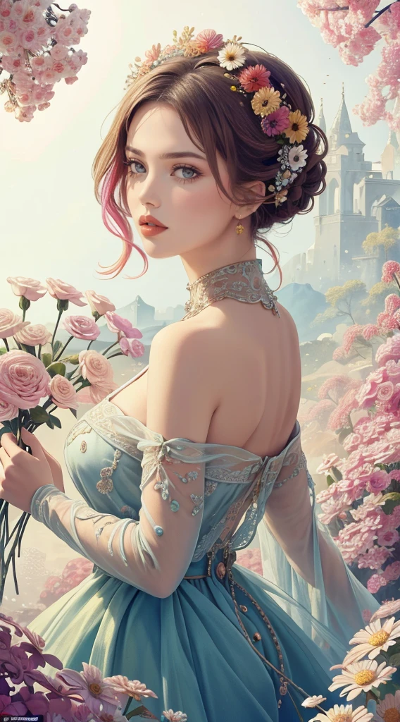 1girl in a masterpiece, top-quality, official art, beautifully aesthetic: 1.2, highlighting her upper body. The girl is surrounded by 1 flower, creating a highly detailed, colorfully vibrant scene. The artwork showcases the beauty of fractal art: 1.3 in the most intricate and detailed manner possible.