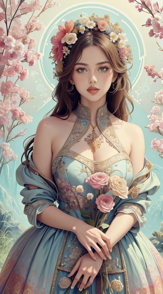 1girl in a masterpiece, top-quality, official art, beautifully aesthetic: 1.2, highlighting her upper body. The girl is surrounded by 1 flower, creating a highly detailed, colorfully vibrant scene. The artwork showcases the beauty of fractal art: 1.3 in the most intricate and detailed manner possible.