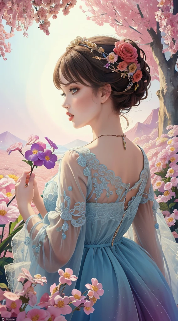 1girl in a masterpiece, top-quality, official art, beautifully aesthetic: 1.2, highlighting her upper body. The girl is surrounded by 1 flower, creating a highly detailed, colorfully vibrant scene. The artwork showcases the beauty of fractal art: 1.3 in the most intricate and detailed manner possible.