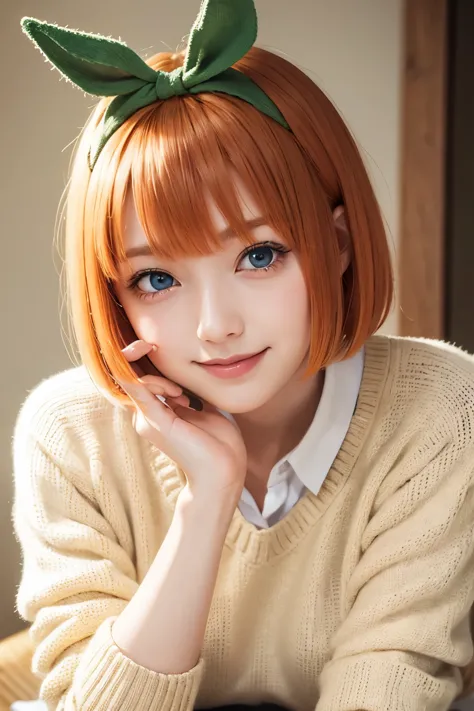 Nakano Yotsuba, Short_hair, Bangs, Blue_Eyes, orange_hair, Hair Bow, Green Ribbon, hair_Bland_Eyes,A smile, knitted sweater, Nas...