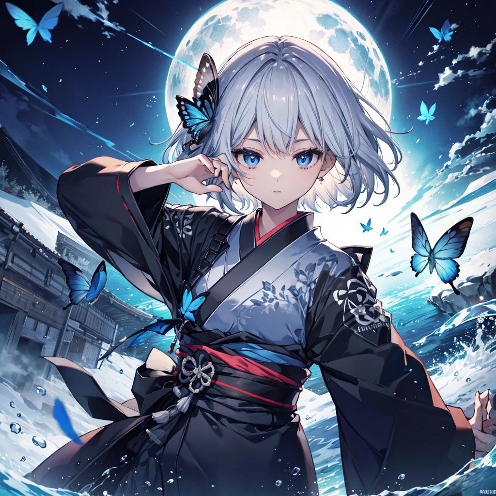 (((1 person)))　((High resolution　Gray Hair　short hair　Black kimono　Shoulder))　((Black Band　military commander　Lonely　despair　blue eyes))　((Blue Butterfly　night　Japanese style　old　Shining Aura　garden　water surface))　(dance　日本knife　knife　Slashing)　moon　star　Draw your sword　Slashing　Catch the wind　