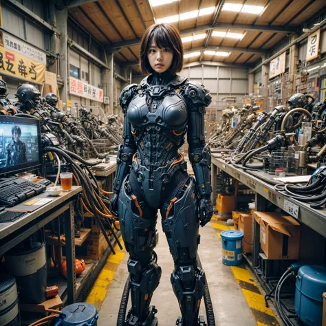 Japanese woman equipped with a simple prototype reinforced exoskeleton under development at a secret base, super realism, realis...