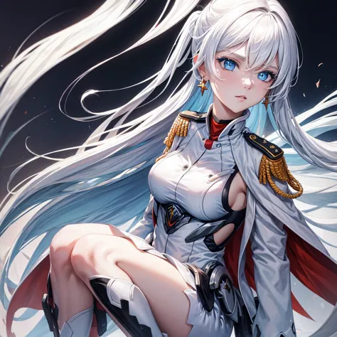 White hair, blue eyes, beautiful female, white military uniform