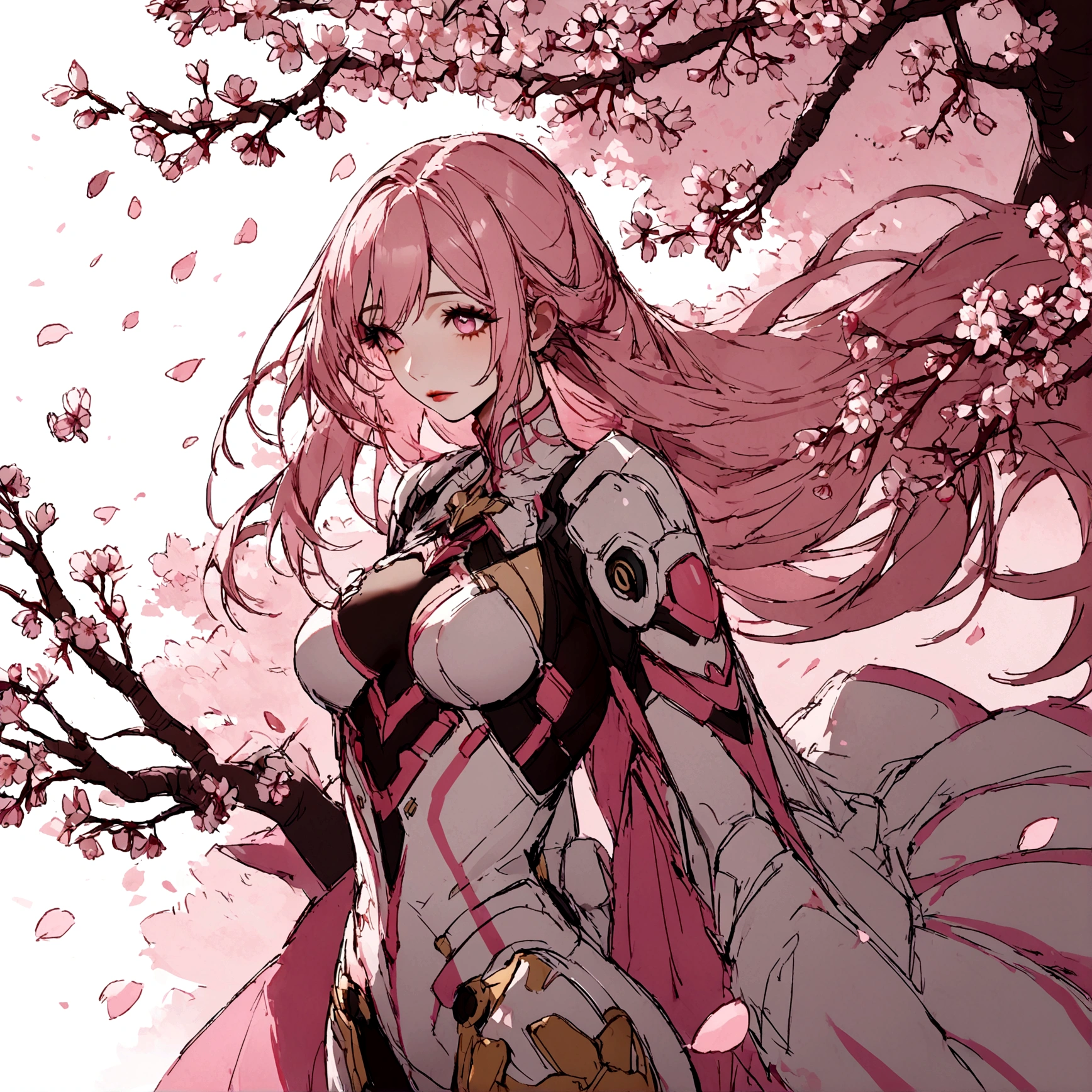 Pink mercy with long hair from overwatch surrounded by cherry blossoms in flight