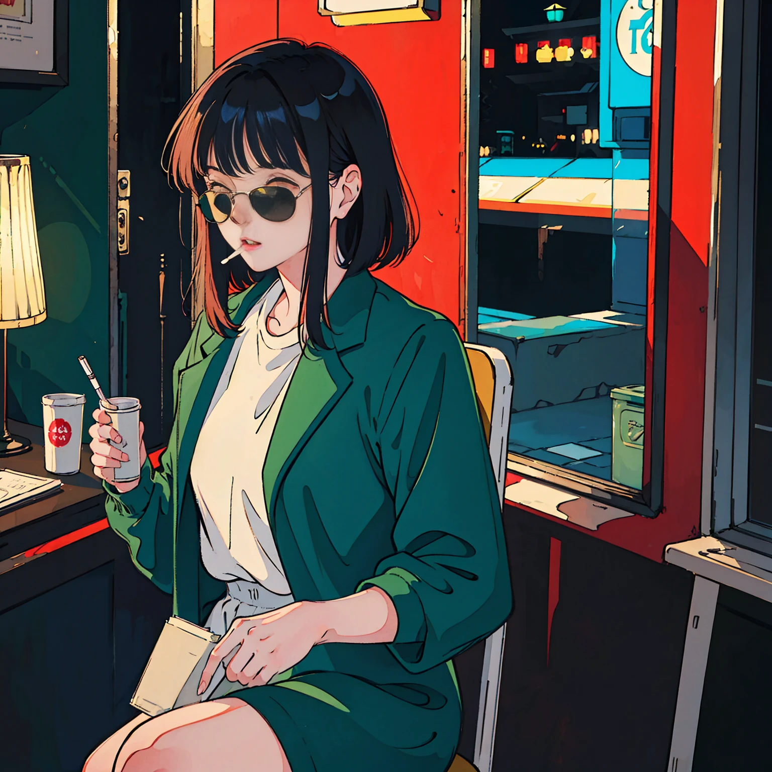 Beautiful redhead Asian girl sitting in a diner at night, Visible from the window, Perfect Face, sunglasses, Smoking white Taylormade cigarettes, Neon Black, (Backlight: 1.1), Hard Shadows, masterpiece, Highest quality, complicated, Model shooting style, Vintage, Film Grain, Incomplete details