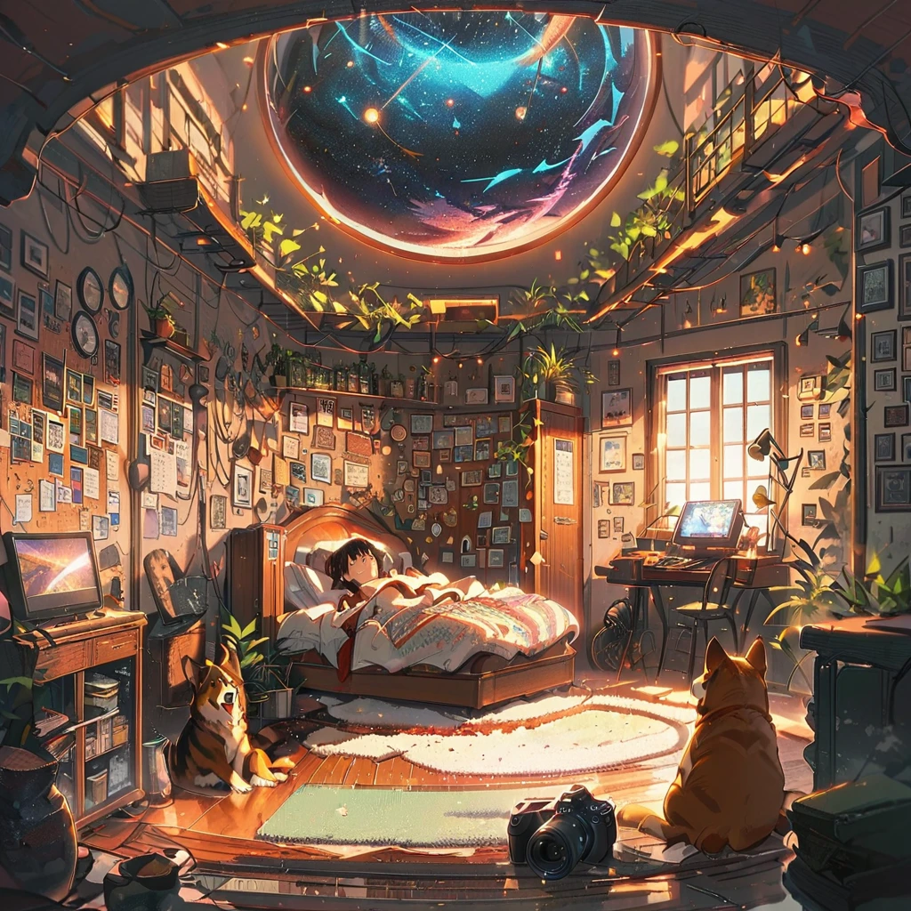 ((anime:1.4,illustration)),(masterpiece, top quality, best quality),(ultra-detailed, absolutely resolution),((16k, high res)),

(((Interior, small living room, Planetarium on the ceiling, boy and dog looking up))

((cosy lofi illustration:1.4)), ((anime:1.4, illustration)),(masterpiece, top quality, best quality),(ultra-detailed, absolutely resolution),((16k, high res)) BREAK {lofi art, style of Laurie Greasley, style of Makoto Shinkai, anime aesthetic}, BREAK { (produces images with information than 40 million pixels with cinematic-like detailed textures shot on a Sony SLR).}