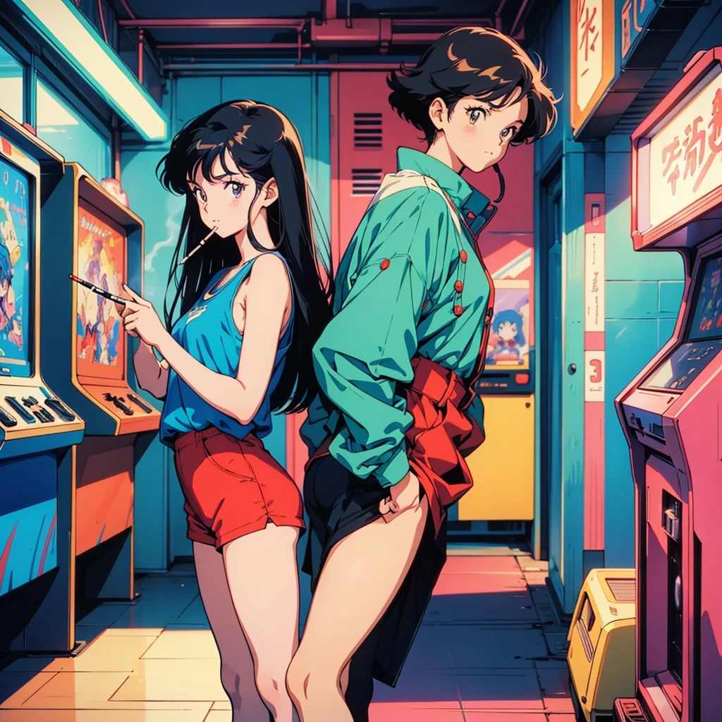 Retro arcade anime girl, 80年代のAnime atmosphere, 80s anime style, Retro Anime Girls, 1980's anime style, Retro anime images, Anime atmosphere, Playing games, smoking a cigarette, smoking