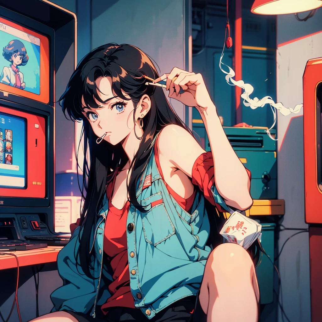 Retro arcade anime girl, 80年代のAnime atmosphere, 80s anime style, Retro Anime Girls, 1980's anime style, Retro anime images, Anime atmosphere, Playing games, smoking a cigarette, smoking