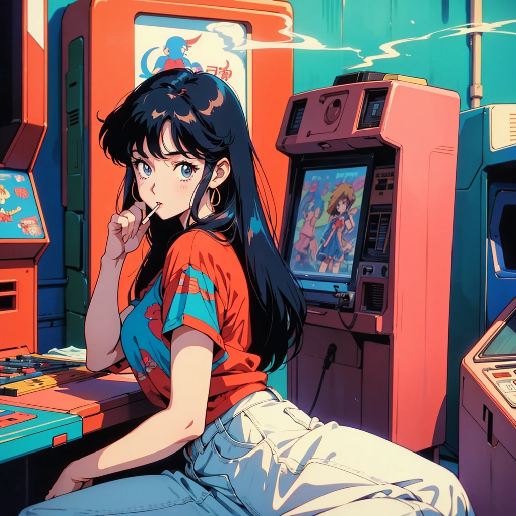 Retro arcade anime girl, 80年代のAnime atmosphere, 80s anime style, Retro Anime Girls, 1980's anime style, Retro anime images, Anime atmosphere, Playing games, smoking a cigarette, smoking