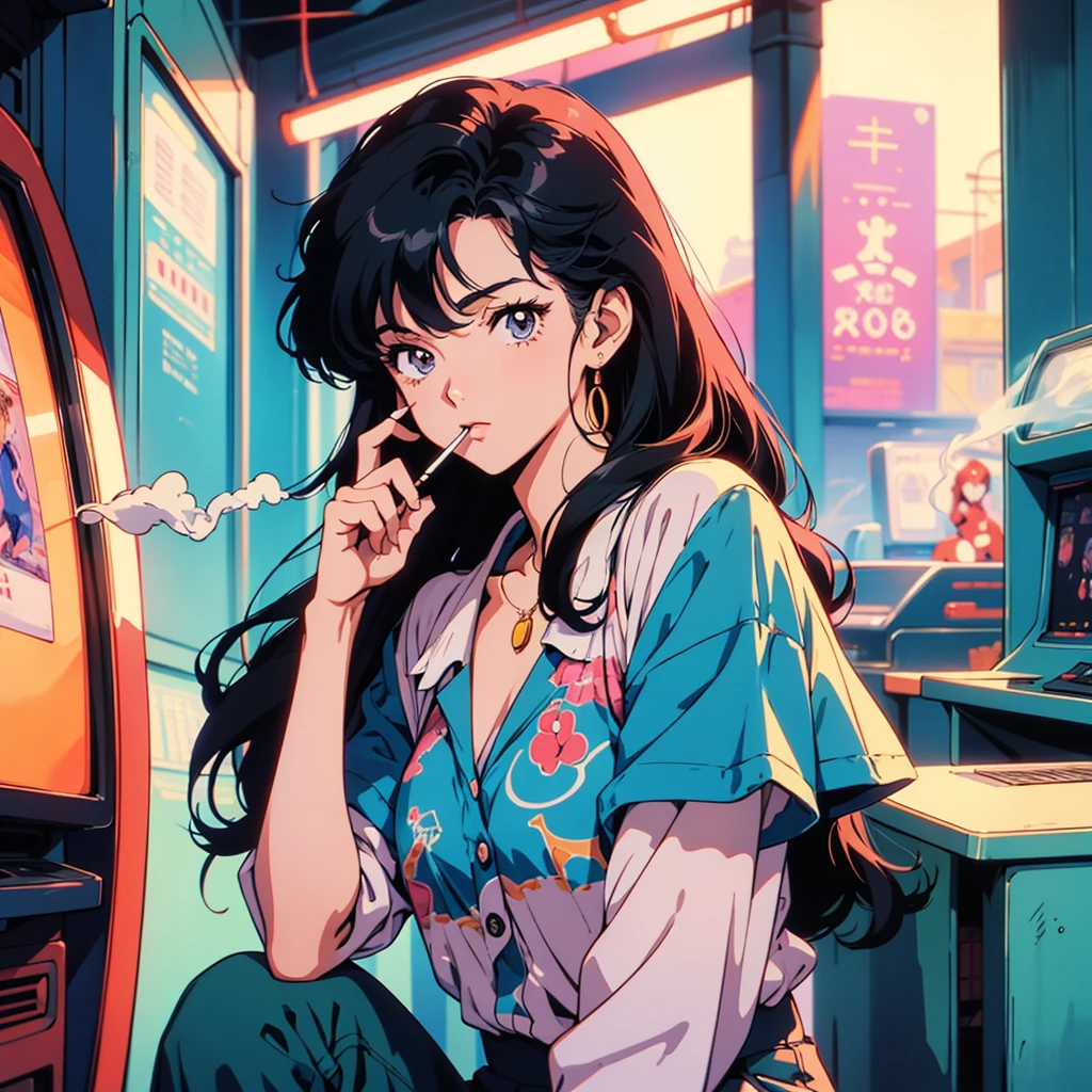 Retro arcade anime girl, 80年代のAnime atmosphere, 80s anime style, Retro Anime Girls, 1980's anime style, Retro anime images, Anime atmosphere, Playing games, smoking a cigarette, smoking