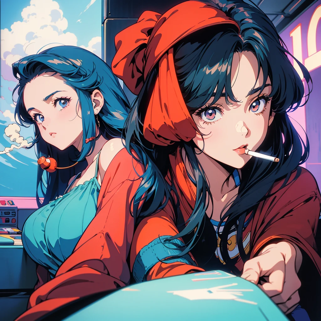 Retro arcade anime girl, 80年代のAnime atmosphere, 80s anime style, Retro Anime Girls, 1980's anime style, Retro anime images, Anime atmosphere, Playing games, smoking a cigarette, smoking