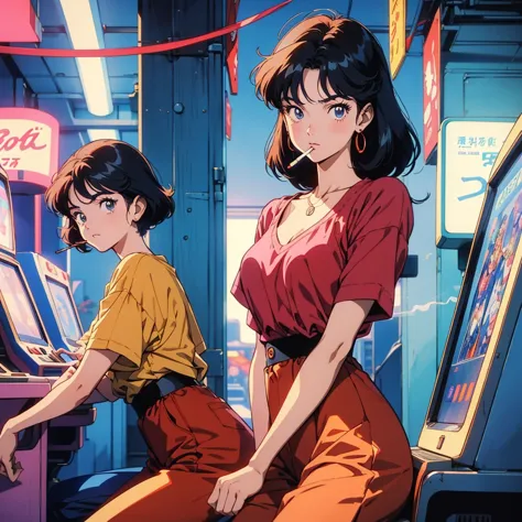 retro arcade anime girl, 80年代のanime atmosphere, 80s anime style, retro anime girls, 1980's anime style, retro anime images, anim...