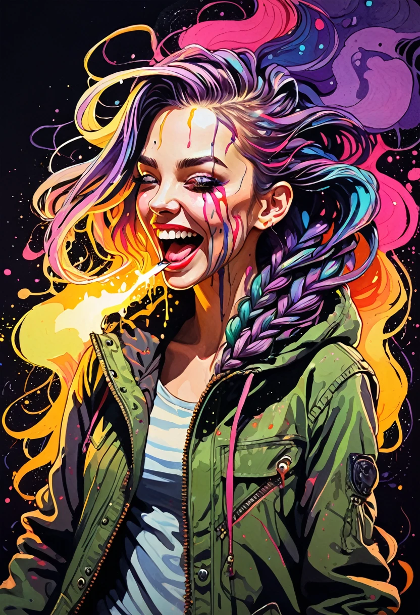 create a boy version. Ink illustration, a beautiful woman painted on wall with light, full body, villainess, maniacally laughing with mouth open wide, wind, stunning beauty, soft light, colorful  hair, punk, wearing a parka, bold line art, glowing lips, lips closed, light smile, natural style, braids, absurdly long hair flowing around,  neon colors, detailled iris, , detailled eyes, ink stains, ink splatters, ink runs, ink spots, faded ink linquivera