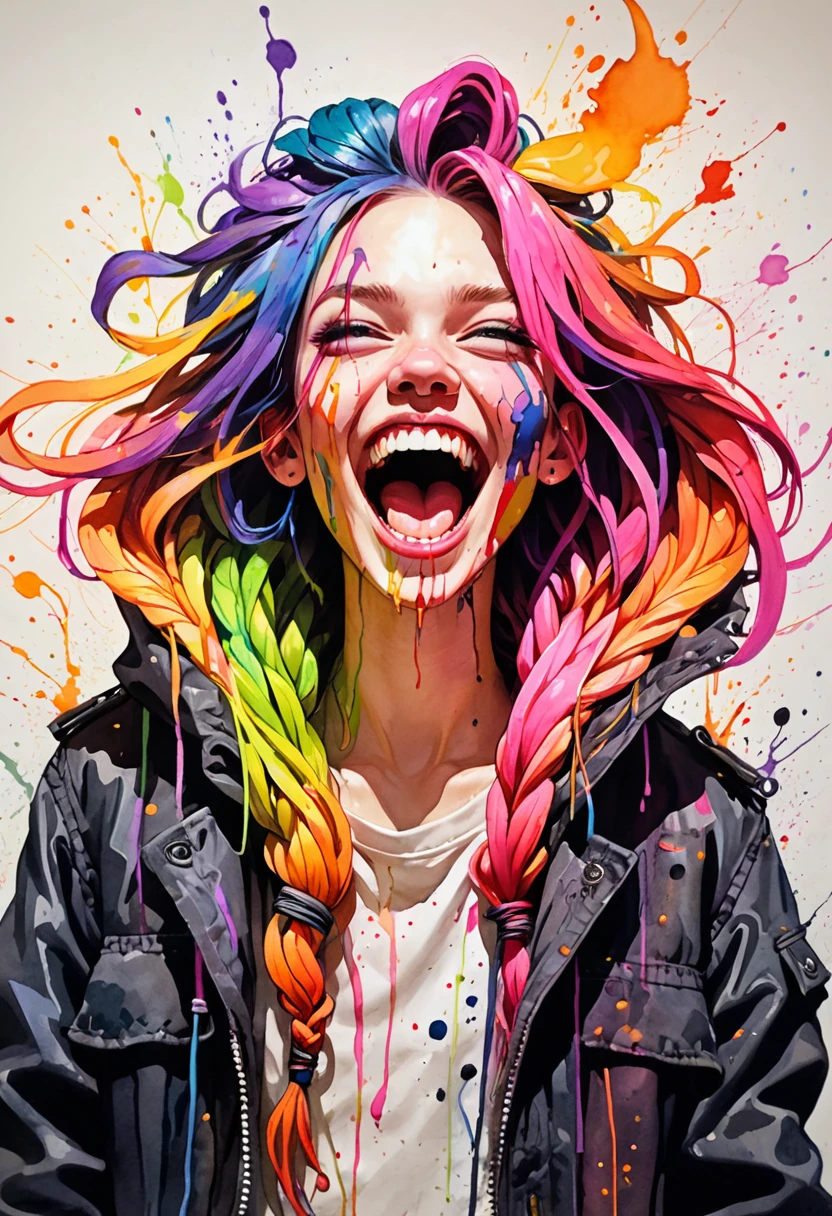  Ink illustration, a beautiful Boy painted on wall with light, full body, villainess, maniacally laughing with mouth open wide, wind, stunning beauty, soft light, colorful  hair, punk, wearing a parka, bold line art, glowing lips, lips closed, light smile, natural style, braids, absurdly long hair flowing around,  neon colors, detailled iris, , detailled eyes, ink stains, ink splatters, ink runs, ink spots, faded ink linquivera