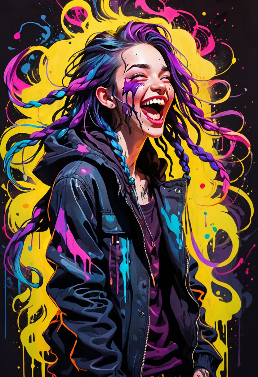  Ink illustration, a beautiful Boy painted on wall with light, full body, villainess, maniacally laughing with mouth open wide, wind, stunning beauty, soft light, colorful  hair, punk, wearing a parka, bold line art, glowing lips, lips closed, light smile, natural style, braids, absurdly long hair flowing around,  neon colors, detailled iris, , detailled eyes, ink stains, ink splatters, ink runs, ink spots, faded ink linquivera