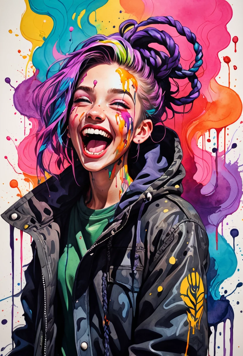  Ink illustration, a beautiful Boy painted on wall with light, full body, villainess, maniacally laughing with mouth open wide, wind, stunning beauty, soft light, colorful  hair, punk, wearing a parka, bold line art, glowing lips, lips closed, light smile, natural style, braids, absurdly long hair flowing around,  neon colors, detailled iris, , detailled eyes, ink stains, ink splatters, ink runs, ink spots, faded ink linquivera