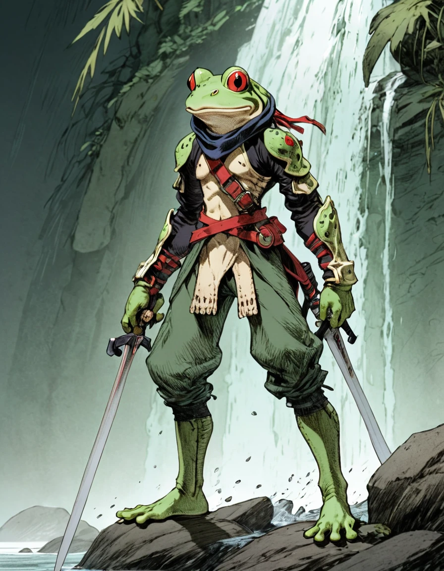 (sketch art, concept art:1.4),(masterpiece rough sketch drawing), best quality, solo closeup, standing frog warrior, green skin, sword  (Akihiko Yoshida Style), high contrast, space theme, grunge, punk rock, waterfall 