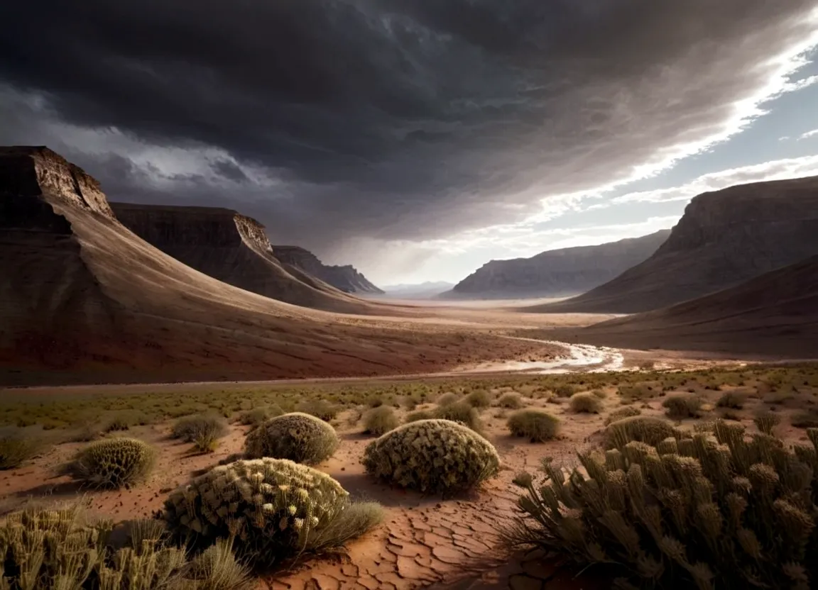 large arid dark mountains plateau, dark sky day, hd image, epic image