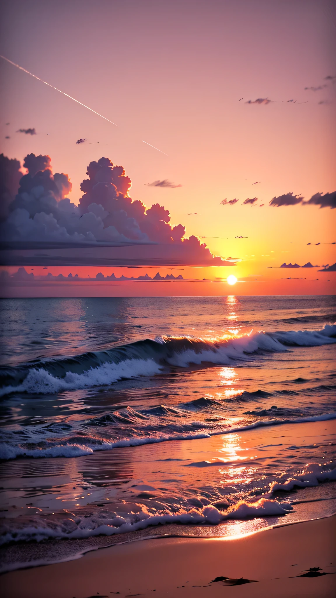 Absolutely mesmerizing sunset on the beach, with a blend of oranges, Pink, The sky is full. The crystal clear waters of the sea gently kiss the coast, White sandy beaches stretch endlessly. The scene is full of dynamics，Breathtaking, Seagulls soar in the sky，Palm trees swaying gently. Feel the calm atmosphere，Let peace envelop you.