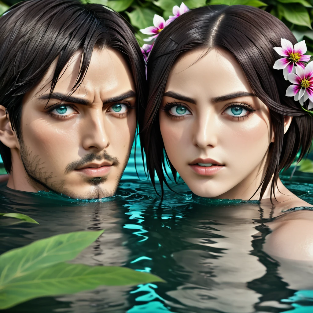 Ultra detailed, highres, absurdres, HDR, Eren Jeager, turquoise eyes, brown hair, Mikasa Ackerman, black hair, grey eyes, Shingeki No Kyojin, flowers, petals, green leaves, water, 1 man together with 1 woman as a couple, handsome, very detailed face and eyes,