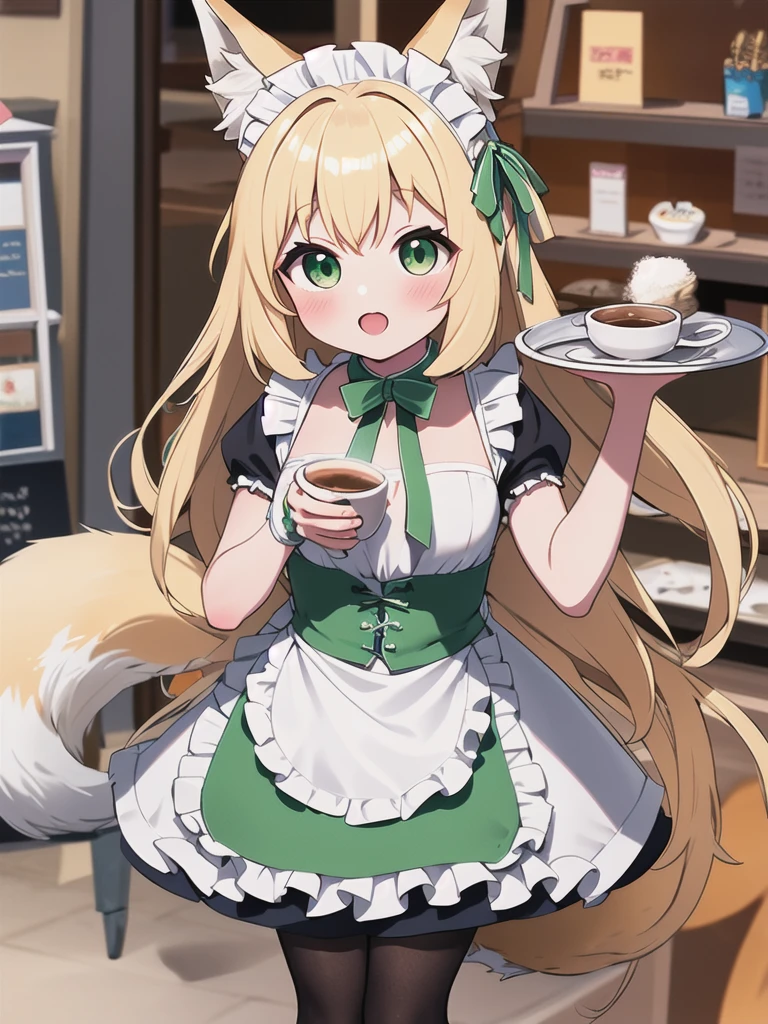 Highest quality, masterpiece,1 Girl,Blonde Hair, Big fox ears,Big fox tail, Green Eyes,Green maid apron,White ruffle skirt,Small breasts,Coffee shop,have_Silver round tray,Green round dish on a tray,10 years old,((Chibi))