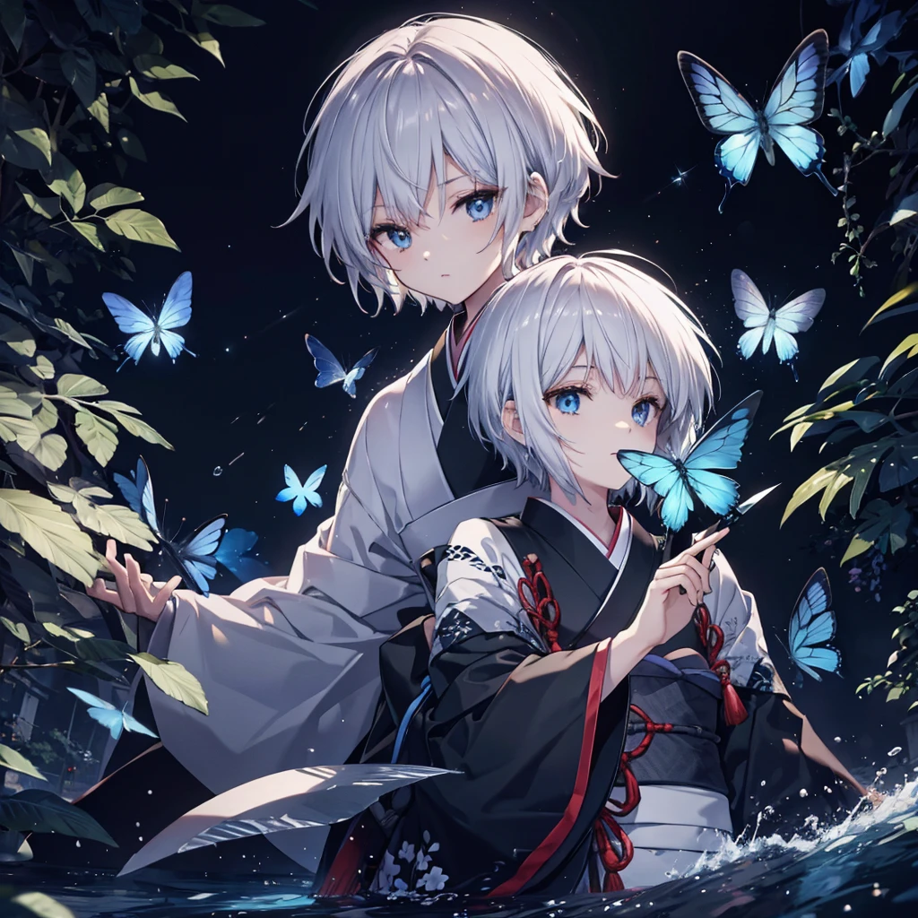 (((1 person)))　((High resolution　Gray Hair　short hair　Black kimono　Shoulder))　((Black Band　military commander　Lonely　despair　blue eyes))　((Blue Butterfly　night　Japanese style　old　Shining Aura　garden　water surface))　(dance　日本knife　knife　Slashing)　moon　star　Draw your sword　Slashing　Catch the wind　