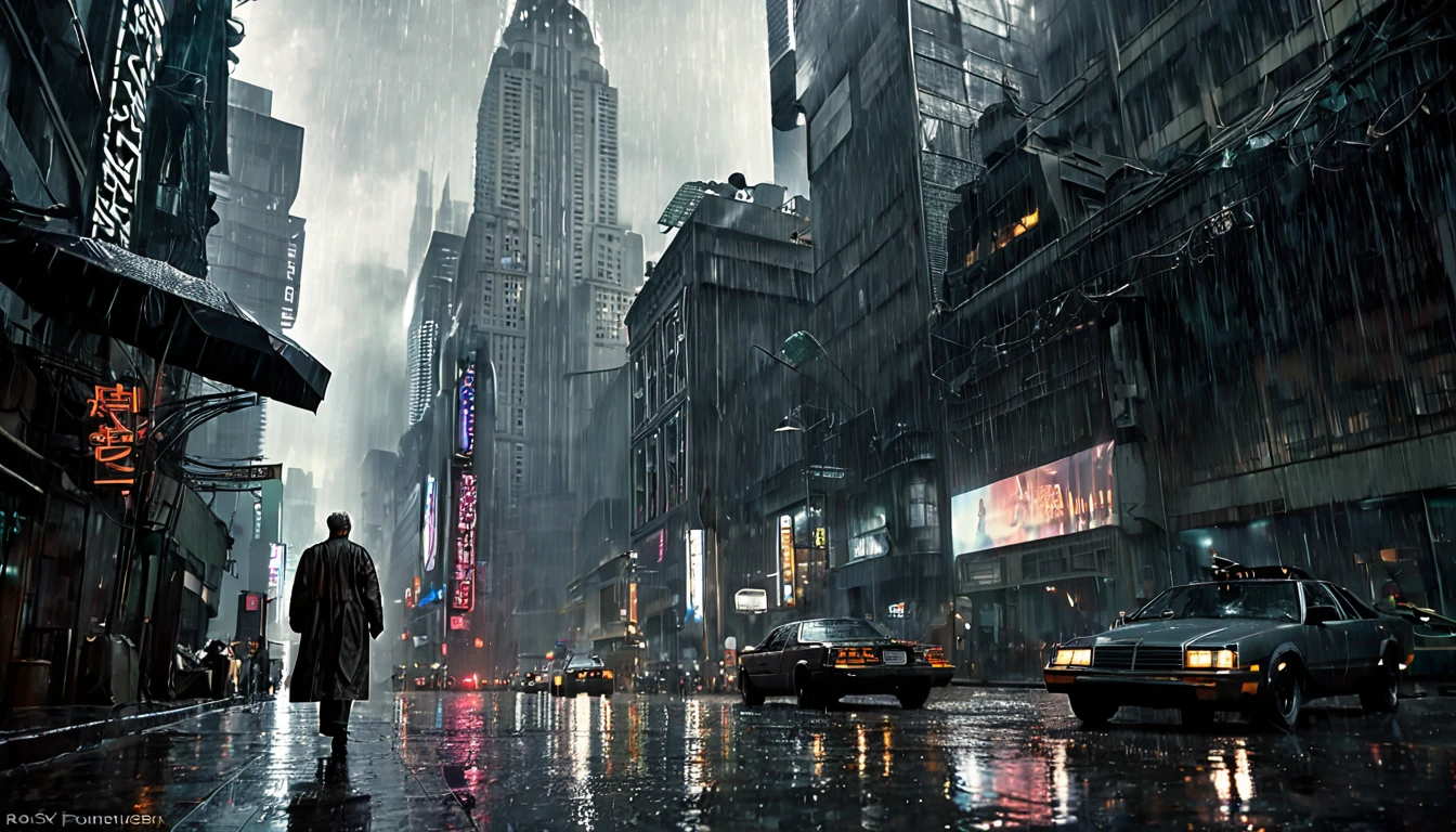 (Blade Runner movie poster), with Harrison Ford, imposing gloomy skyscrapers and a rainy and gloomy atmosphere." image noir, futuristic image very detailed image, sharp focus, studio photography, xf iq 4, 1 5 0 0 0 0 mp , 5 0 mm, iso 2 0 0, 1/1 6 0 s, realistic, natural light, octane rendering, adobe lightroom, thirds resolution, symmetrical balance, depth layers, polarizing filter, ..., hd, optics color, ..., hd, opaque color, masterpiece