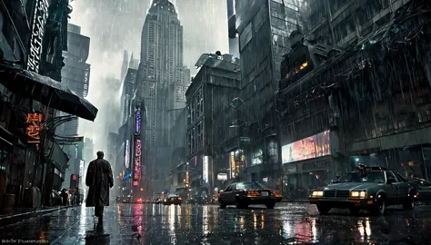 (Blade Runner movie poster), with Harrison Ford, imposing gloomy skyscrapers and a rainy and gloomy atmosphere." image noir, fut...