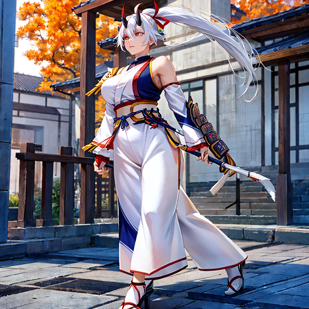 a woman wearing a white sleeveless samurai shirt, an orange samurai shoulder pad, dark blue samurai pants, white hair, ponytail hair, orange eyes, walking in an open area with a concrete floor, several sakura trees in the background, sakura leaves spreading around the place.HDR, ultra resolution, well defined, masterpiece, 8K HD. (solo woman)
