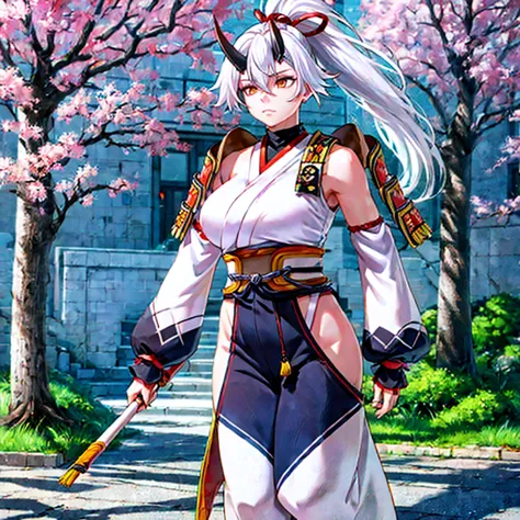 a woman wearing a white sleeveless samurai shirt, an orange samurai shoulder pad, dark blue samurai pants, white hair, ponytail ...