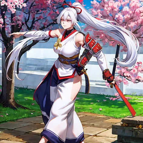 a woman wearing a white sleeveless samurai shirt, an orange samurai shoulder pad, dark blue samurai pants, white hair, ponytail ...