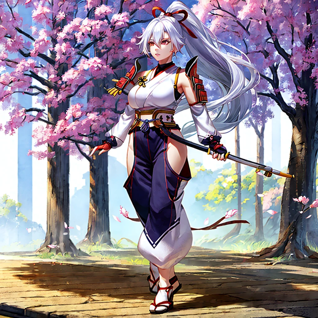 a woman wearing a white sleeveless samurai shirt, an orange samurai shoulder pad, dark blue samurai pants, white hair, ponytail hair, orange eyes, walking in an open area with a concrete floor, several sakura trees in the background, sakura leaves spreading around the place.HDR, ultra resolution, well defined, masterpiece, 8K HD. (solo woman)
