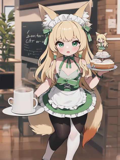 highest quality, masterpiece,1 girl,blonde hair, big fox ears,big fox tail, green eyes,green maid apron,white ruffle skirt,small...