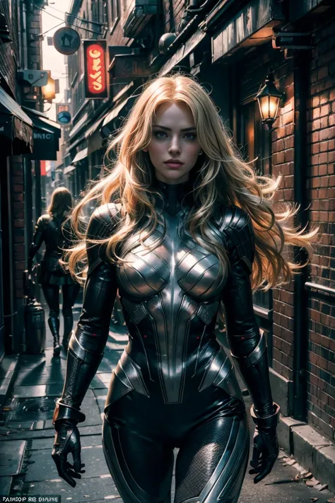 Create an ultra-detailed, high-quality CG illustration of a blonde superhero hiding in a dark, abandoned alley. The image should...