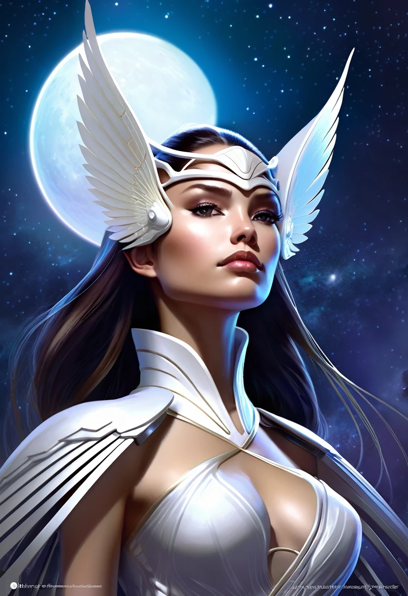 Danligur, Eva, emerging, fallen alien woman, wings on her back, white tume, night, moonlit, HD, illustration, epic, D&D, fantasy, intricate, elegant, highly detailed, digital painting, artstation, concept art, smooth, sharp focus, illustration, wallpaper, art by artgerm and greg rutkowski and alphonse mucha and jin xiaodi