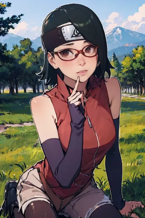 (sarada uchiha,short hair,black hair,glasses),full body picture unreal engine 5 8k uhd of beautiful girl, green japanese style l...