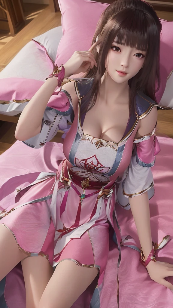 一个女孩Lying in bed，Face up，Raise your legs slightly，Front view super detailed beautiful big breasted girl 16 years old. Ultra HD, 4k, 8K, Movie，whole body，Lying down，Long legs，Very big breasts，whole body捕捉，（（（Lying in bed））），（（（whole bodyLying in bed））），Pink bed，Off-shoulder，Shoulder-length skirt，Lying in bed，Sleeping on the pillow，Lying down，Headrest pillows