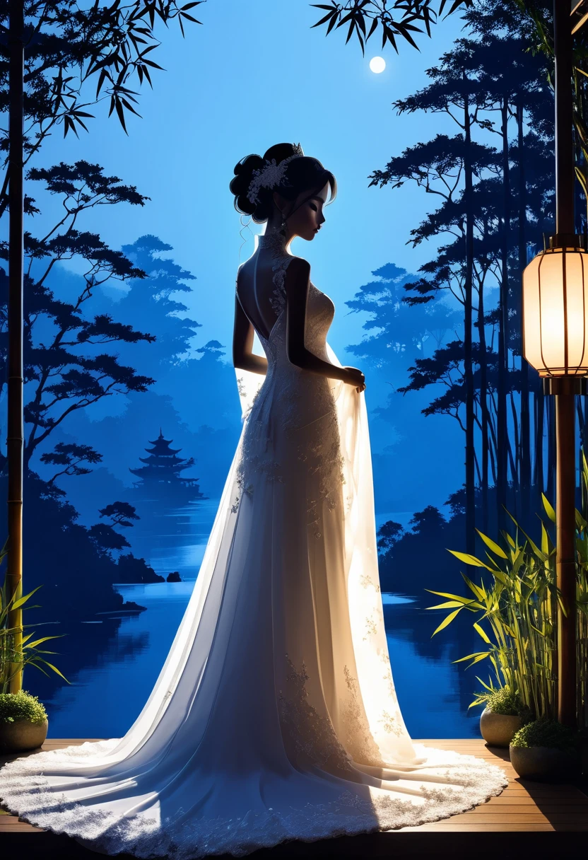 (((Silhouette Art:1.4))), 1Bridal Clothing, (double light:1.3), A bride in a wedding dress stands alone at a restaurant wedding，Overlooking the Japanese garden surrounded by bamboo forest, Blue Moon, (close up), promote, complicated, (best quality, masterpiece, representative work, Official Art, professional, Unity 8k wallpaper:1.3)