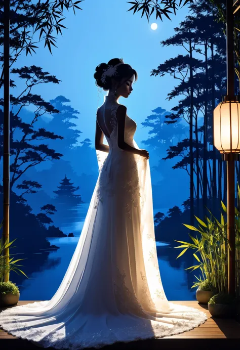 (((Silhouette Art:1.4))), 1Bridal Clothing, (double light:1.3), A bride in a wedding dress stands alone at a restaurant wedding，...