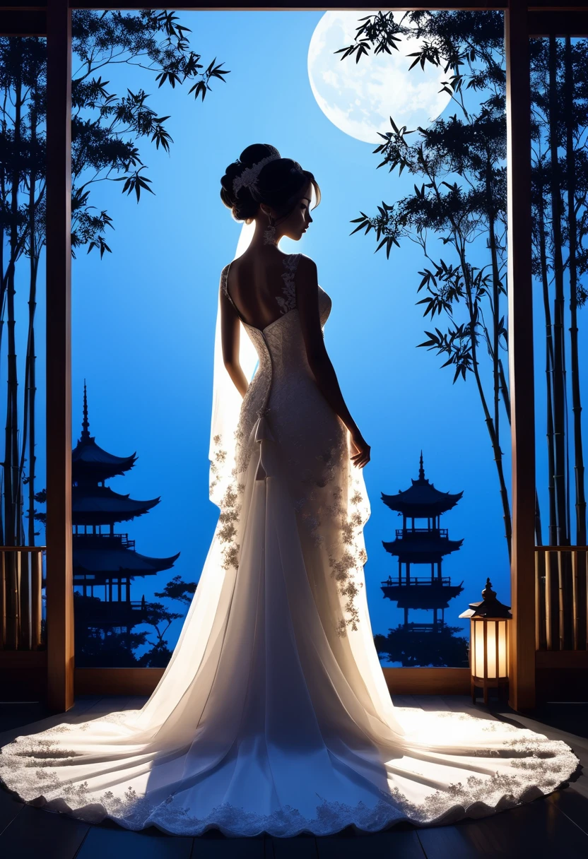 (((Art de la silhouette:1.4))), 1Vêtements de mariée, (double lumière:1.3), Une mariée en robe de mariée se tient seule lors d&#39;un mariage au restaurant，Surplombant le jardin japonais entouré d&#39;une forêt de bambous, lune bleue, (fermer), promouvoir, compliqué, (meilleure qualité, chef-d&#39;œuvre, Travail représentatif, art officiel, Professionnel, unité 8k fond d&#39;écran:1.3)