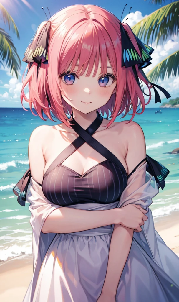 Nino Nakano is a character that appears in the anime "The Quintessential Quintuplets" 「The background is a sunny day at the sandy beach...」The eyes of this character are blue. My hairstyle is a bob cut with shockingpink color. This character is wearing a butterfly hair accessory. Please focus on this character. This character has a very lovely smile.high Quality. .. masterpiece,best quality,ultra detailed, My breast size is D cup. The background is a sunny day at the sandy beach. This character is wearing an off shoulder bikini. The off shoulder bikini has a pattern of purple and black stripes.
