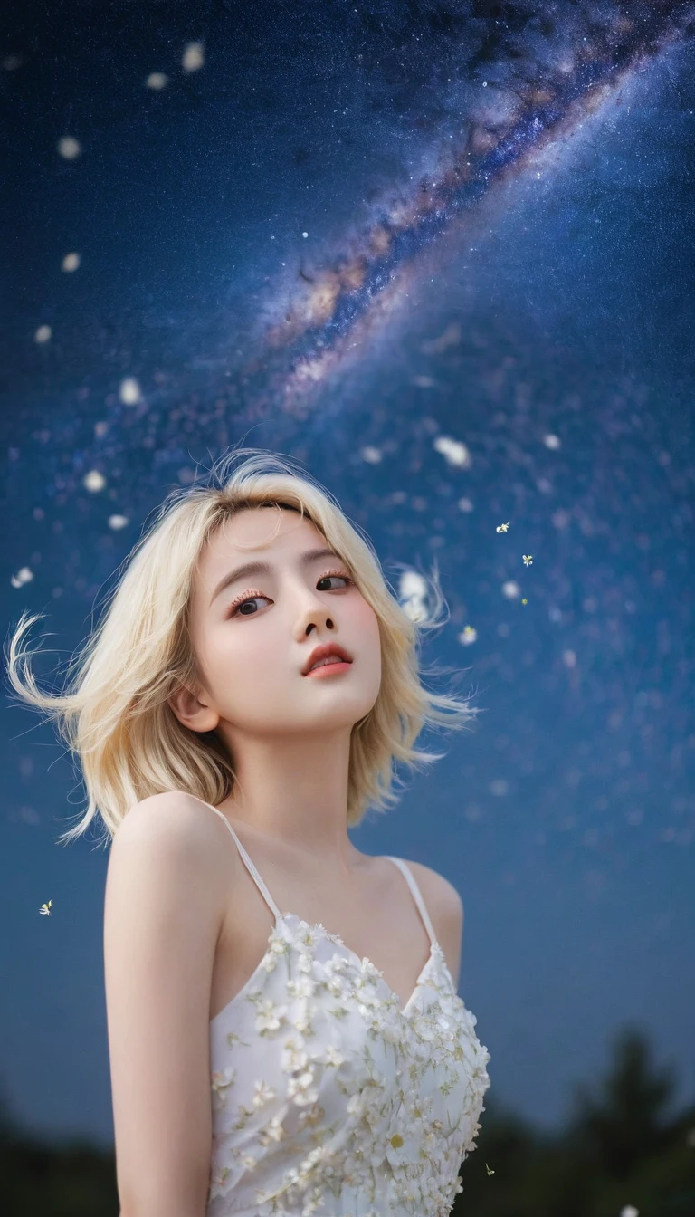 (Best quality, masterpiece), 1girl, pose, particles, wind, flower, upper body, simple background, looking at the audience, blonde, milky way, aesthetic