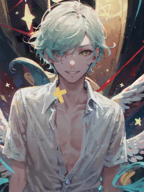 angelic appearance, white angelic clothes, a very slightly unbuttoned white shirt, star-shaped scars on the neck, the eyes are t...